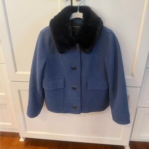 Club Monaco Blue Pea Coat with Black Faux Fur Collar.